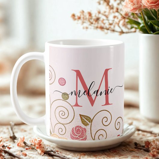 Moderne Elegant Roos Gold Glitter Monogram Script Koffiemok