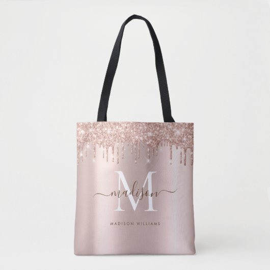 Moderne Elegant Roos Gold Glitter Monogram Script Tote Bag (Voorkant)