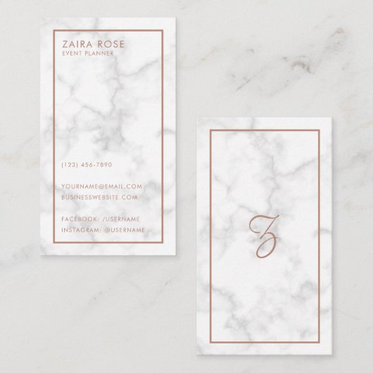 Moderne Elegant Roos Gold Script Marble Visitekaartje (Voorkant / Achterkant)