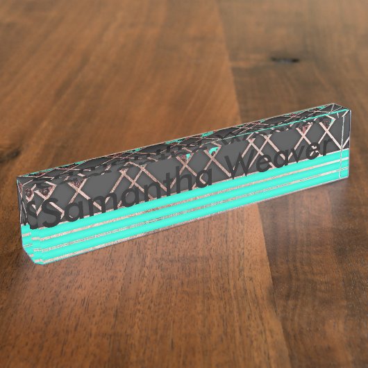 Moderne Elegant Roos Gold Triangles en Blauwgroen Naambordje (Zijkant)