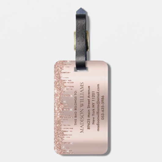 Moderne Elegant Roos Gouden Glitter Bagagelabel (Achterkant verticaal)