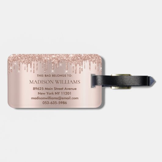 Moderne Elegant Roos Gouden Glitter Bagagelabel (Achterkant horizontaal)