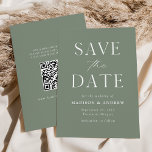 Moderne Elegant Sage Green QR Code Save The Date<br><div class="desc">kondig uw aanstaande updates in stijl met onze elegante, moderne QR code sparen de datumkaart aan. Niet-foto sparen de datumeigenschappen "sparen de Datum"in witte serif en manuscriptdoopvonten met een pagina groene achtergrond. Pas de voorzijde van de opslagkaart aan door uw namen, trouwdatum, trouwlocatie en andere trouwgegevens toe te voegen. Minimale...</div>