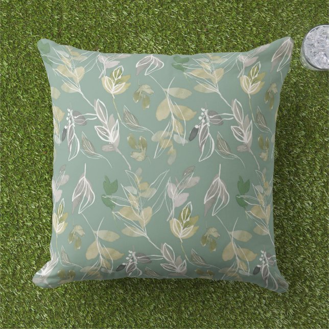 Moderne elegant Sage Green Silver Leaves Foliage Buitenkussen (Gras)