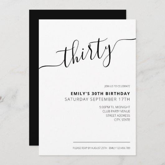 Moderne Elegant Script 30th Birthday Uitnodiging (Voorkant / Achterkant)