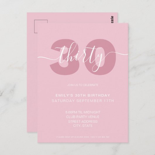 Moderne Elegant Script 30th Birthday Uitnodiging (Voorkant / Achterkant)