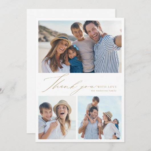 Moderne, elegant script 3 foto bedankt u feestdagenkaart (Voorkant / Achterkant)