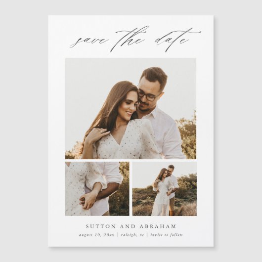 Moderne Elegant Script 3 Foto collage slaat de geg Magnetische Uitnodiging (Voorkant)