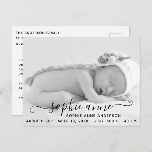 Moderne Elegant Script Fotogeboorte Aankondiging Briefkaart (Voorkant / Achterkant)