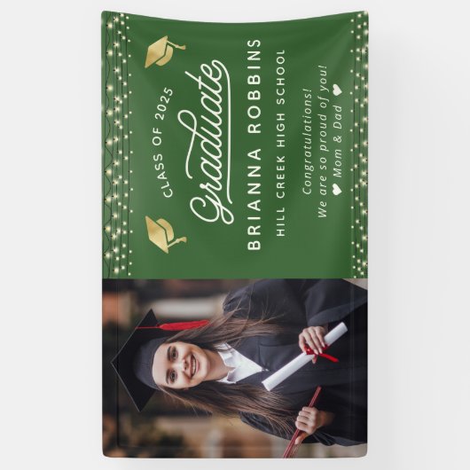 Moderne Elegant Script Gold Afstuderen Foto groen Spandoek (Verticaal)