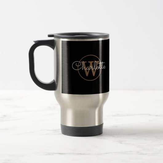Moderne Elegant Script Gold Monogram zwart  Reisbeker (Links)