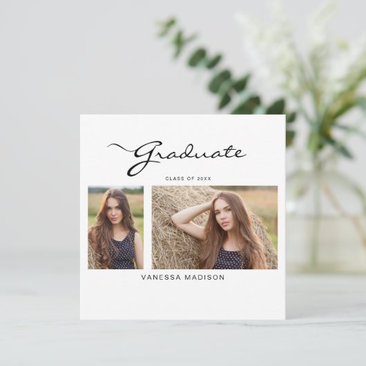 Moderne Elegant Script Minimal | 2 Foto-Afstuderen Aankondiging (Staand voorkant)
