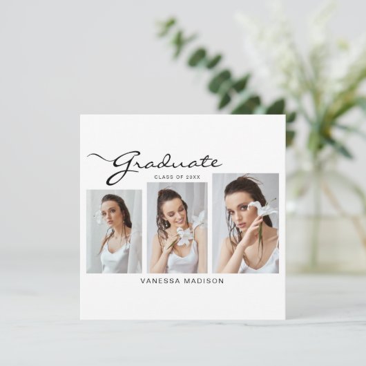 Moderne Elegant Script Minimal | 3 Foto-Afstuderen Aankondiging (Staand voorkant)