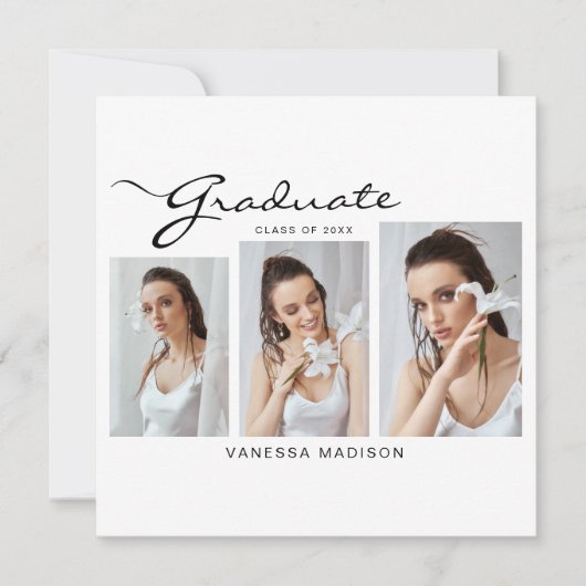 Moderne Elegant Script Minimal | 3 Foto-Afstuderen Aankondiging (Voorkant)