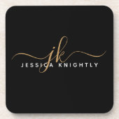 Moderne Elegant Script Monogram Initiaal Black Gol Bier Onderzetter (Voorkant)