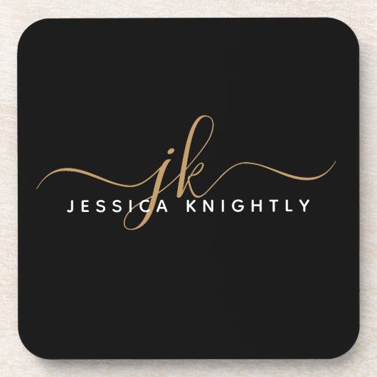 Moderne Elegant Script Monogram Initiaal Black Gol Bier Onderzetter (Voorkant)