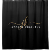 Moderne Elegant Script Monogram Initiaal Black Gol Douchegordijn (Voorkant)