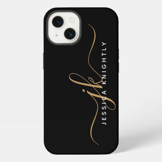Moderne Elegant Script Monogram Initiaal Black Gol iPhone Hoesje (Achterkant)