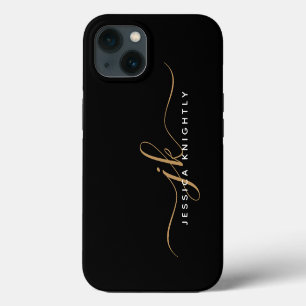 Moderne Elegant Script Monogram Initiaal Black Gol iPhone 13 Hoesje