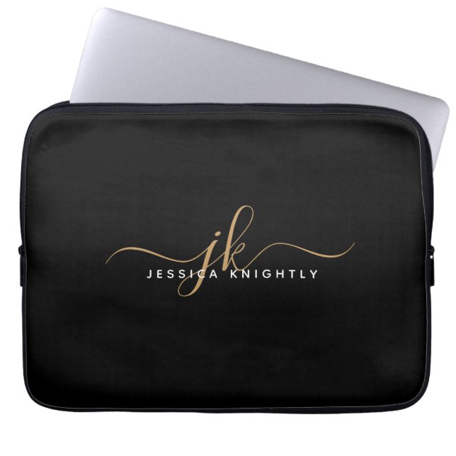 Moderne Elegant Script Monogram Initiaal Black Gol Laptop Sleeve (Voorkant)