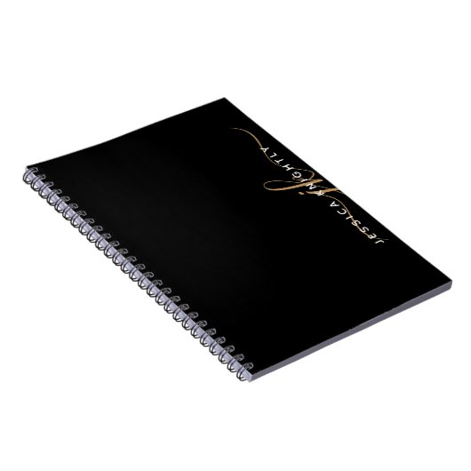 Moderne Elegant Script Monogram Initiaal Black Gol Notitieboek (Rechterzijde)