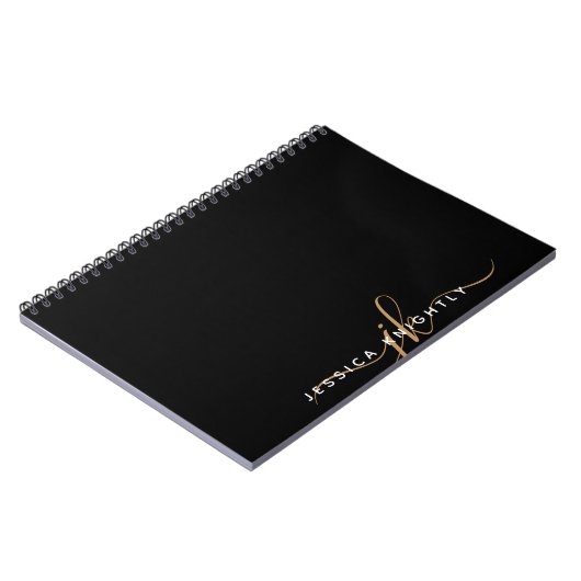 Moderne Elegant Script Monogram Initiaal Black Gol Notitieboek (Linkerzijde)