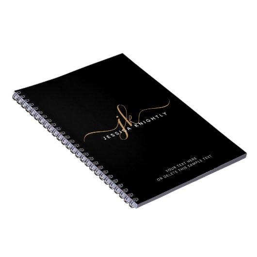 Moderne Elegant Script Monogram Initiaal Black Gol Notitieboek (Rechterzijde)