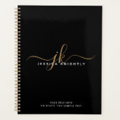 Moderne Elegant Script Monogram Initiaal Black Gol Planner (Voorkant)