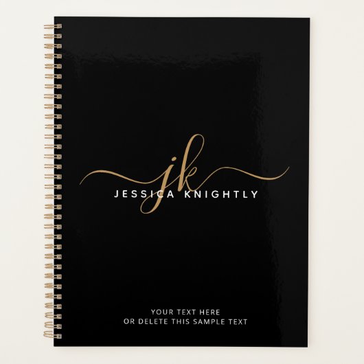 Moderne Elegant Script Monogram Initiaal Black Gol Planner (Voorkant)