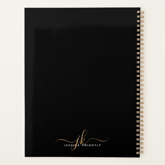 Moderne Elegant Script Monogram Initiaal Black Gol Planner (Achterkant)