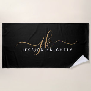 Moderne Elegant Script Monogram Initiaal Black Gol Strandlaken