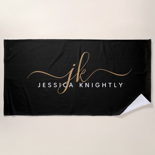 Moderne Elegant Script Monogram Initiaal Black Gol Strandlaken (Voorkant)