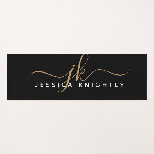 Moderne Elegant Script Monogram Initiaal Black Gol Yogamat (Voorkant (horizontaal))