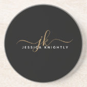 Moderne Elegant Script Monogram Initiaal Black Gol Zandsteen Onderzetter (Voorkant)