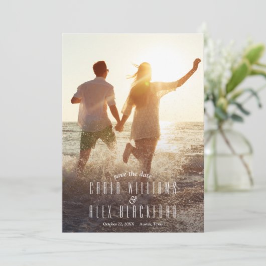Moderne Elegant Script Photo Wedding Save the Date (Staand voorkant)