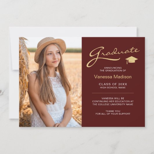 Moderne Elegant Script Red Gold | 2 Foto-Afstudeer Aankondiging (Voorkant)