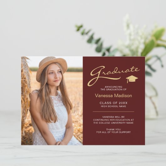 Moderne Elegant Script Red Gold | 2 Foto-Afstudeer Aankondiging (Staand voorkant)