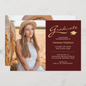 Moderne Elegant Script Red Gold | 2 Foto-Afstudeer Aankondiging (Voorkant / Achterkant)