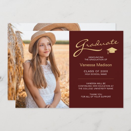 Moderne Elegant Script Red Gold | 2 Foto-Afstudeer Aankondiging (Voorkant / Achterkant)