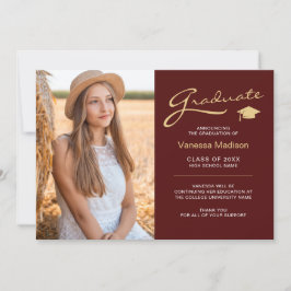 Moderne Elegant Script Red Gold | 2 Foto-Afstudeer Aankondiging
