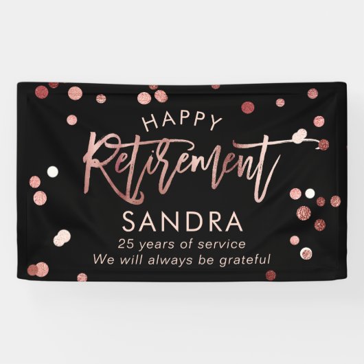Moderne Elegant Script Roos Gold Happy Retirement Spandoek (Horizontaal)