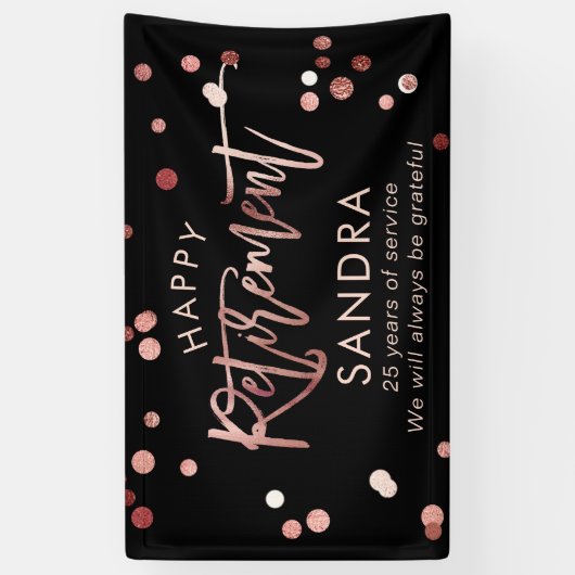 Moderne Elegant Script Roos Gold Happy Retirement Spandoek (Verticaal)