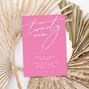 Moderne Elegant Script roze 21st Birthday Party Kaart