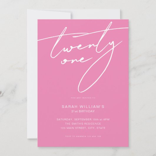 Moderne Elegant Script roze 21st Birthday Party Kaart (Voorkant)