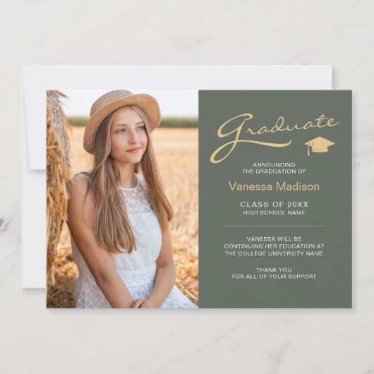 Moderne Elegant Script Sage Green | 2 Foto-Afstude Aankondiging (Voorkant)