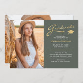 Moderne Elegant Script Sage Green | 2 Foto-Afstude Aankondiging (Voorkant / Achterkant)