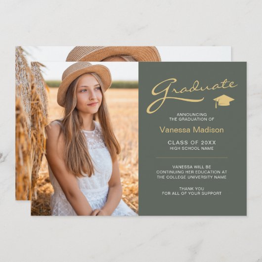 Moderne Elegant Script Sage Green | 2 Foto-Afstude Aankondiging (Voorkant / Achterkant)