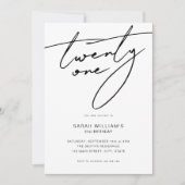 Moderne Elegant Script White 21st Birthday Party Kaart (Voorkant)