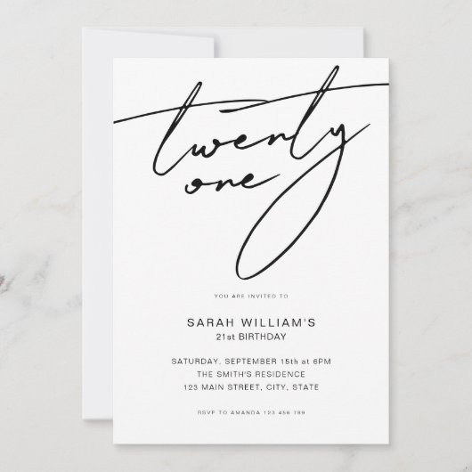 Moderne Elegant Script White 21st Birthday Party Kaart (Voorkant)