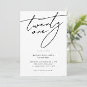 Moderne Elegant Script White 21st Birthday Party Kaart (Staand voorkant)